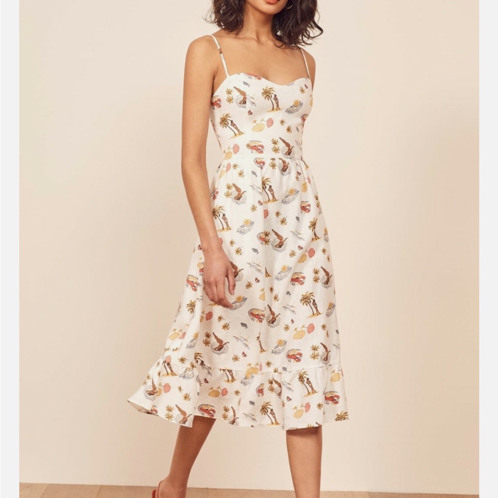 Reformation Linen White Printed Midi Dress